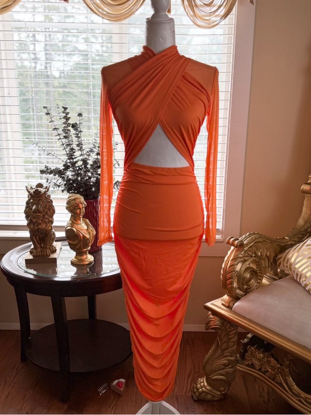 Orange Cutout Ruched Bodycon Dress